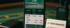 An arrangement of a smartphone, power bank, earbuds, and a walkie-talkie on a betting